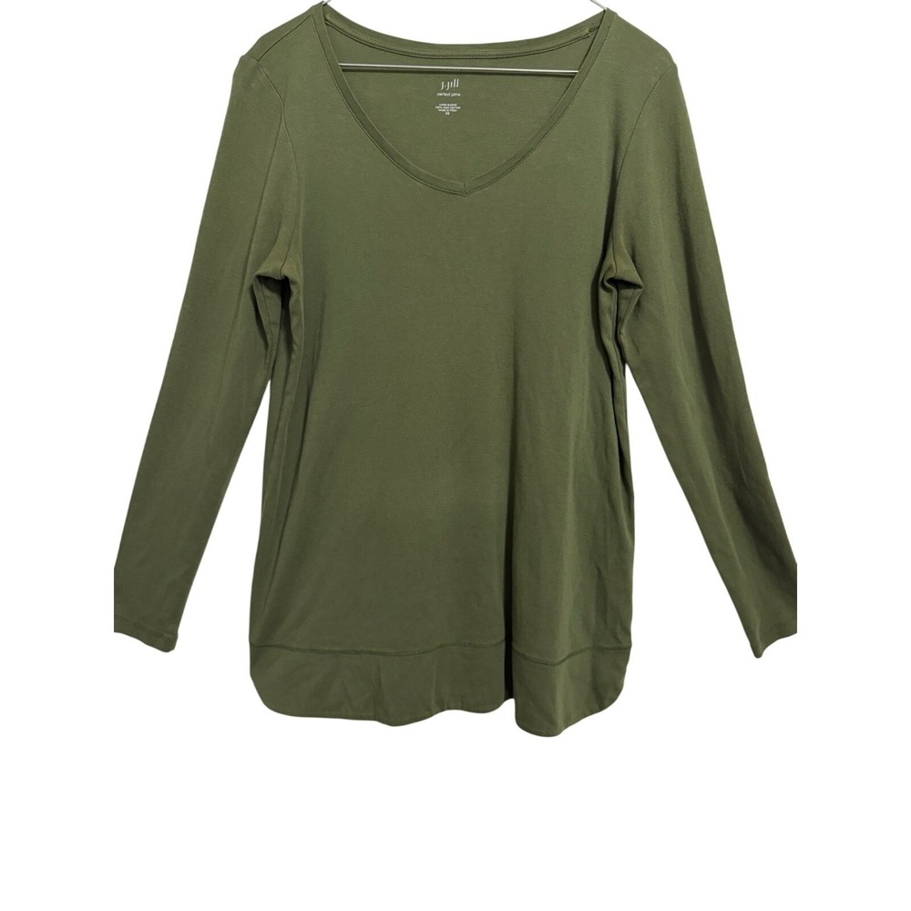 J. Jill Perfect Pima Long Sleeve V-Neck T-Shirt Olive Green XS Cotton Top - Picture 5 of 9